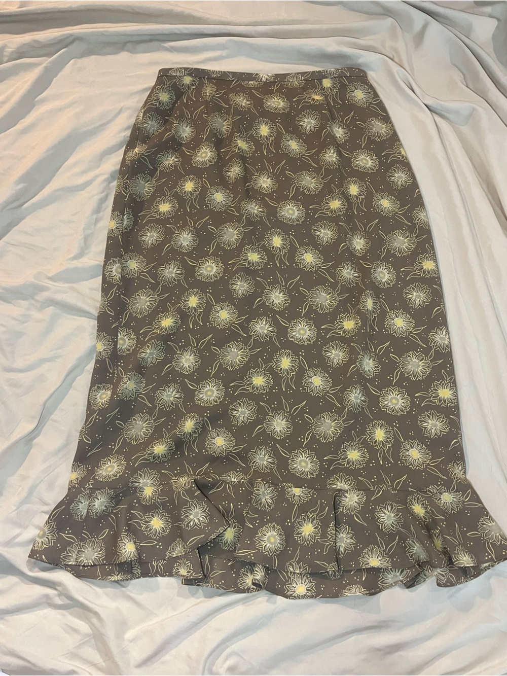 Floral Ruffle Hem Midi Skirt - Brown
